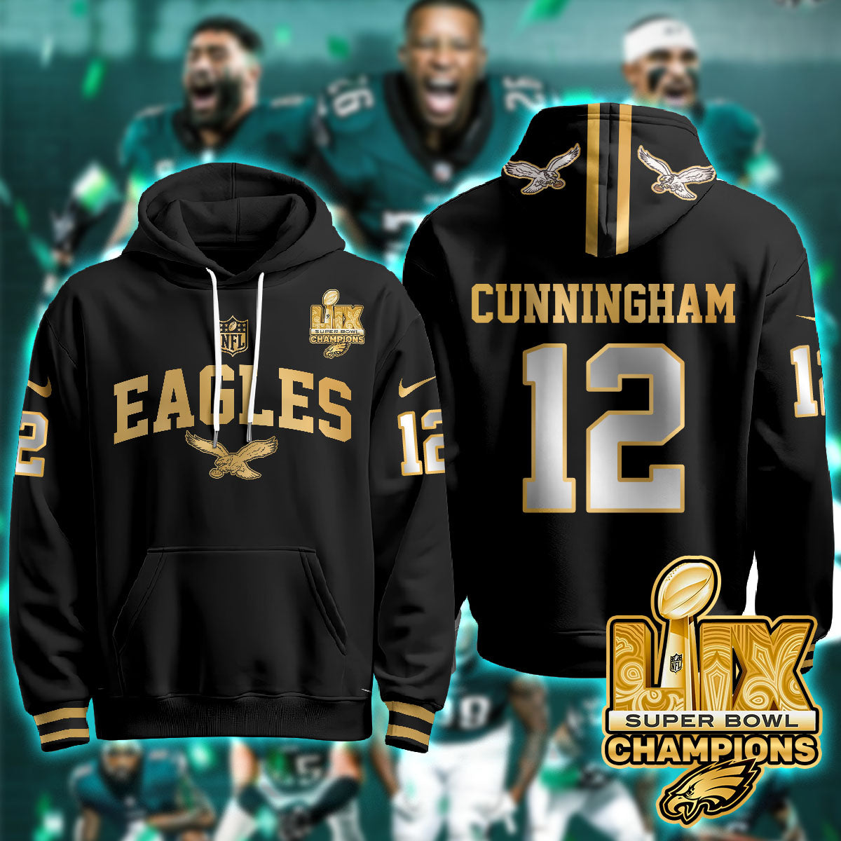 Philadelphia Eagles Super Bowl LIX Champions Gold Hoodie - All Stitched