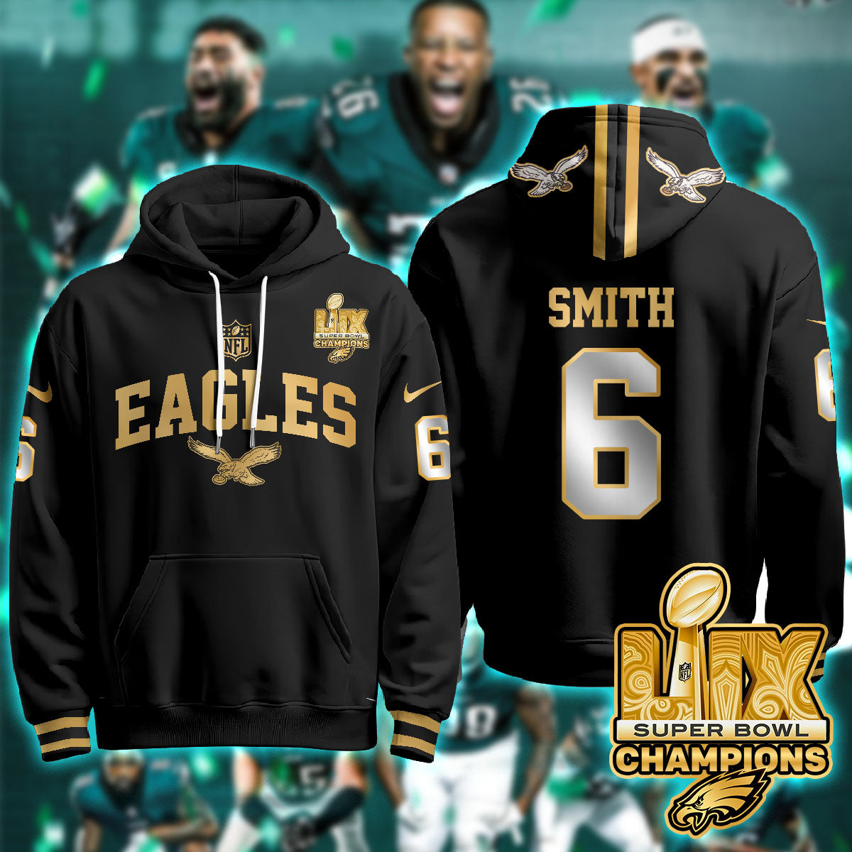 Philadelphia Eagles Super Bowl LIX Champions Gold Hoodie - All Stitched