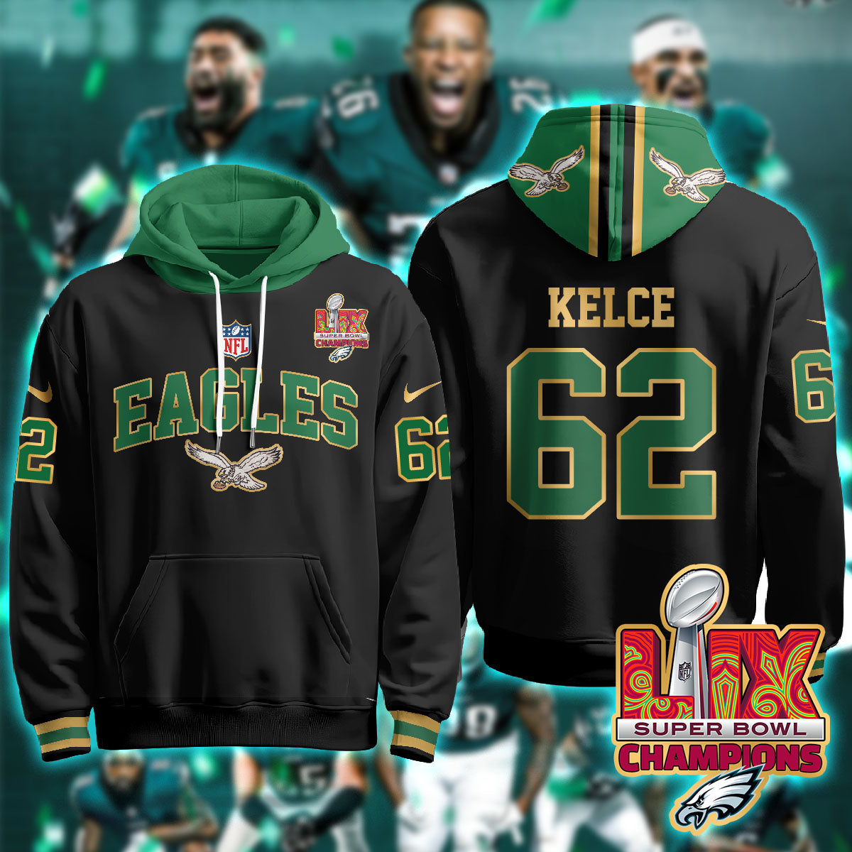 Philadelphia Eagles Super Bowl LIX Champions Gold Hoodie - All Stitched