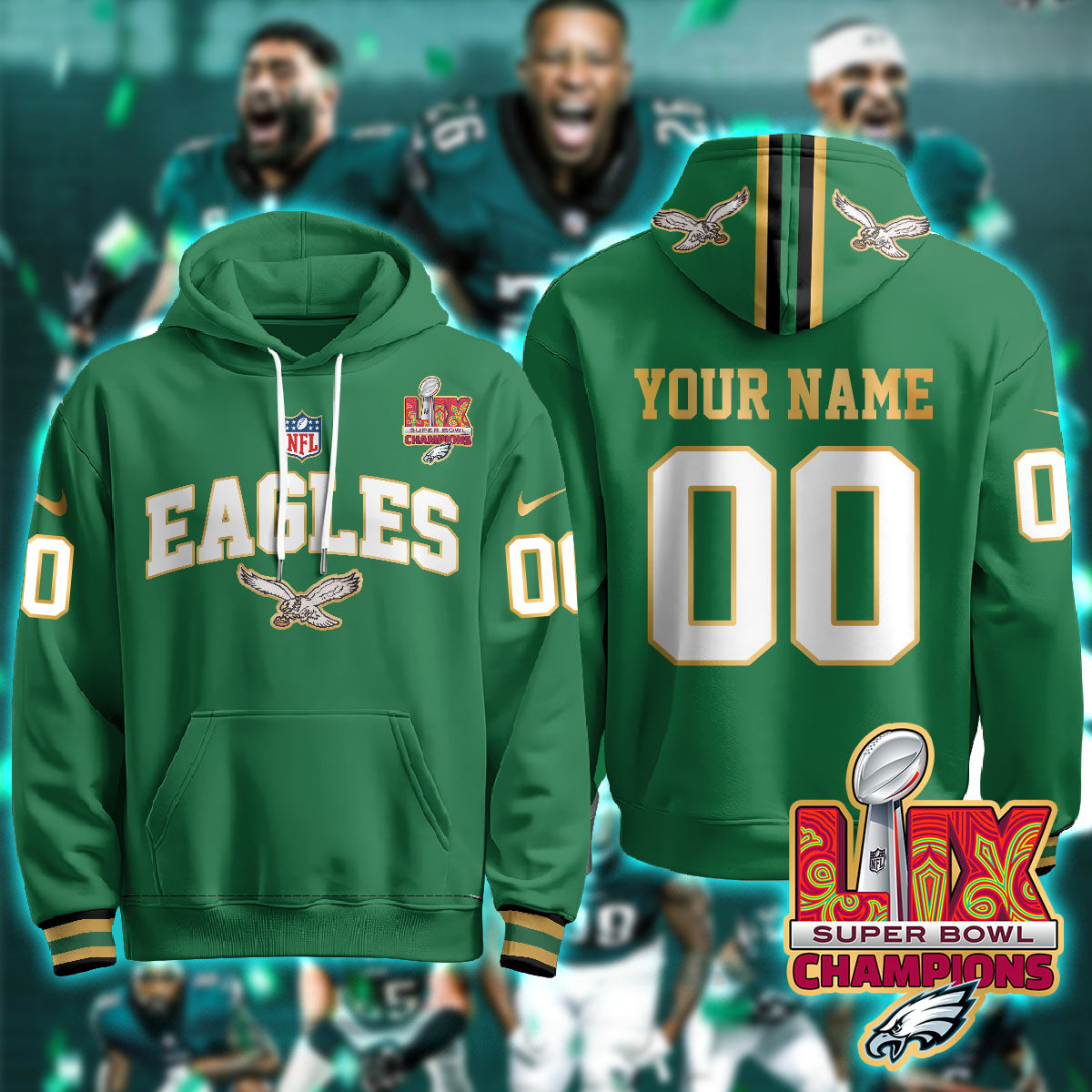 Philadelphia Eagles Super Bowl LIX Champions Custom Gold Hoodie - All Stitched