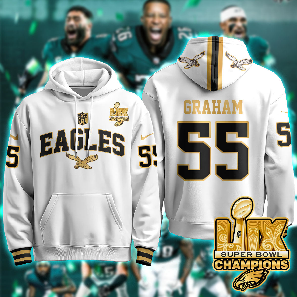 Philadelphia Eagles Super Bowl LIX Champions Gold Hoodie - All Stitched