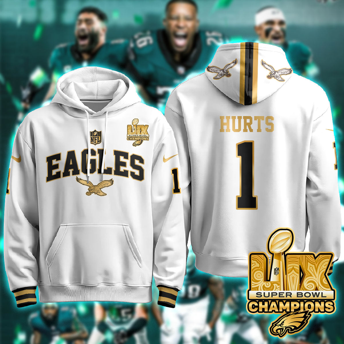 Philadelphia Eagles Super Bowl LIX Champions Gold Hoodie - All Stitched