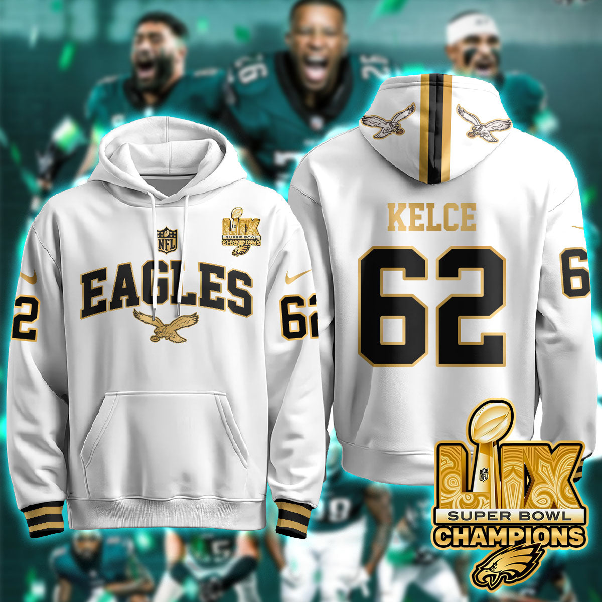 Philadelphia Eagles Super Bowl LIX Champions Gold Hoodie - All Stitched