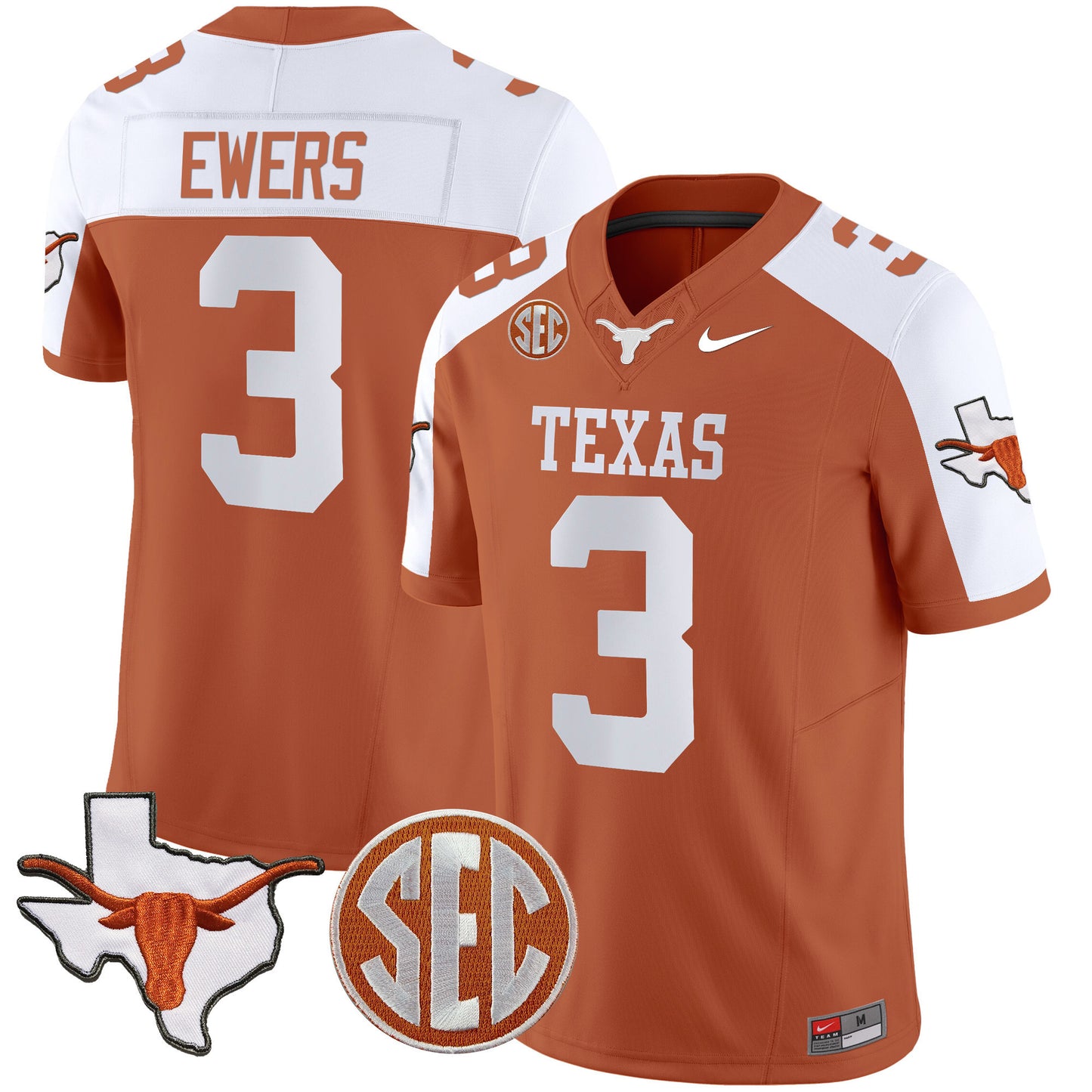 Texas Longhorns State Map & SEC Patch Vapor Jersey V4 - All Stitched