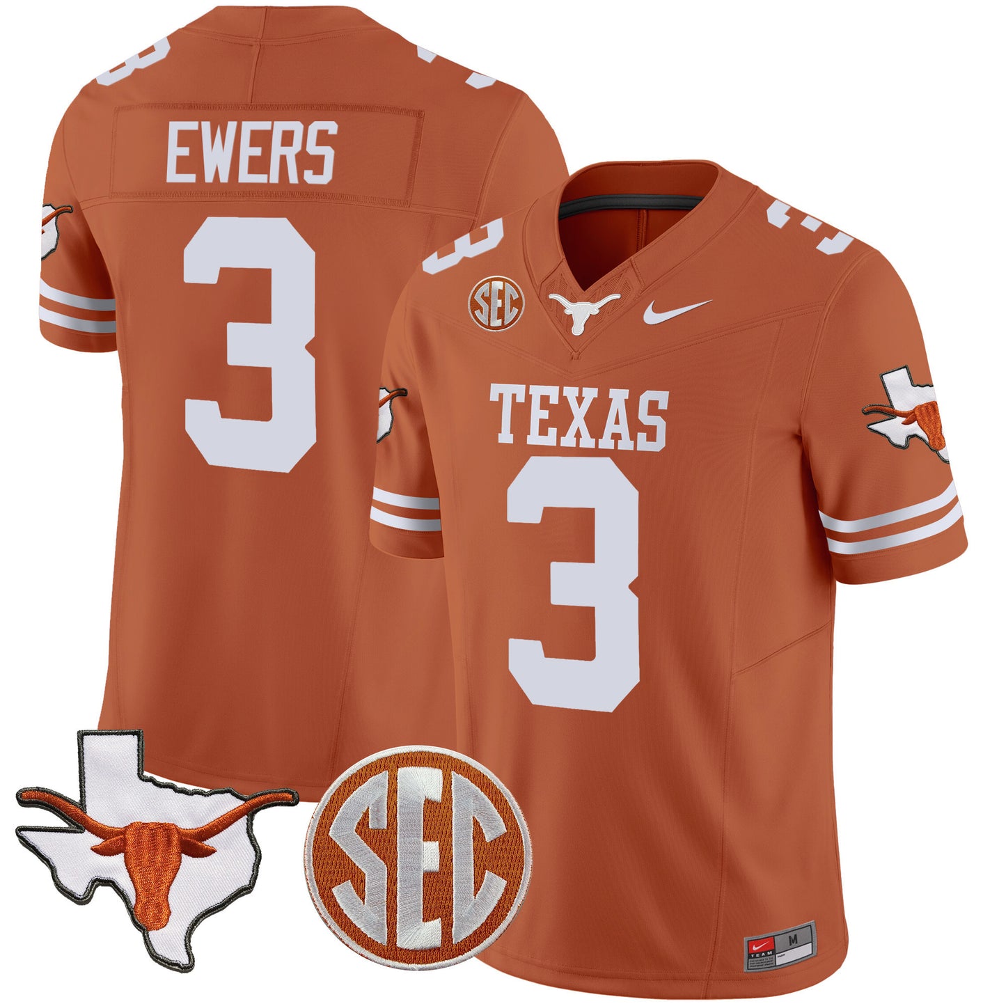 Texas Longhorns State Map & SEC Patch Vapor Jersey V4 - All Stitched