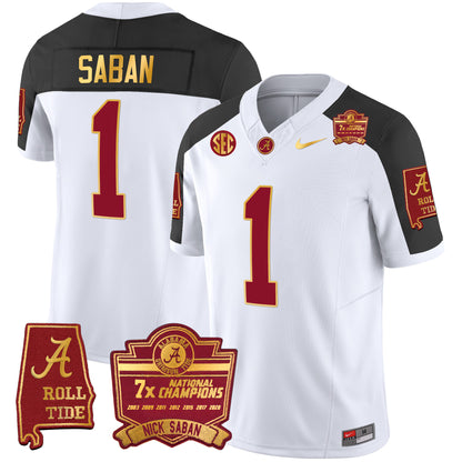 Alabama Crimson Tide Nick Saban 7x Champions Patch Gold Trim Jersey - All Stitched