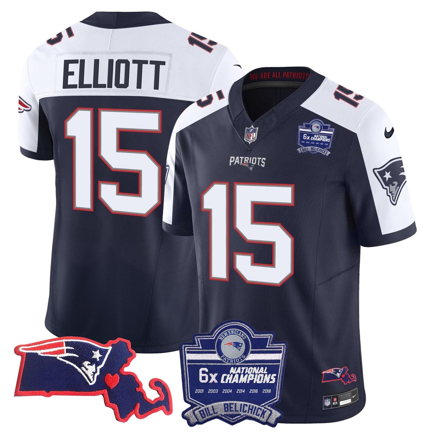 Patriots Bill Belichick 6x Champions Patch Vapor Jersey - All Stitched