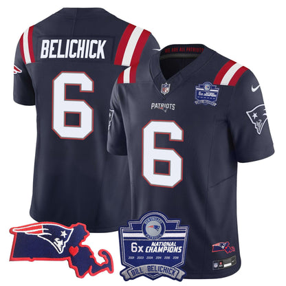 Patriots Bill Belichick 6x Champions Patch Vapor Jersey - All Stitched
