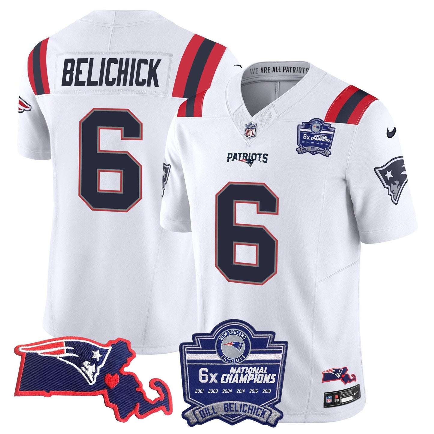 Patriots Bill Belichick 6x Champions Patch Vapor Jersey - All Stitched