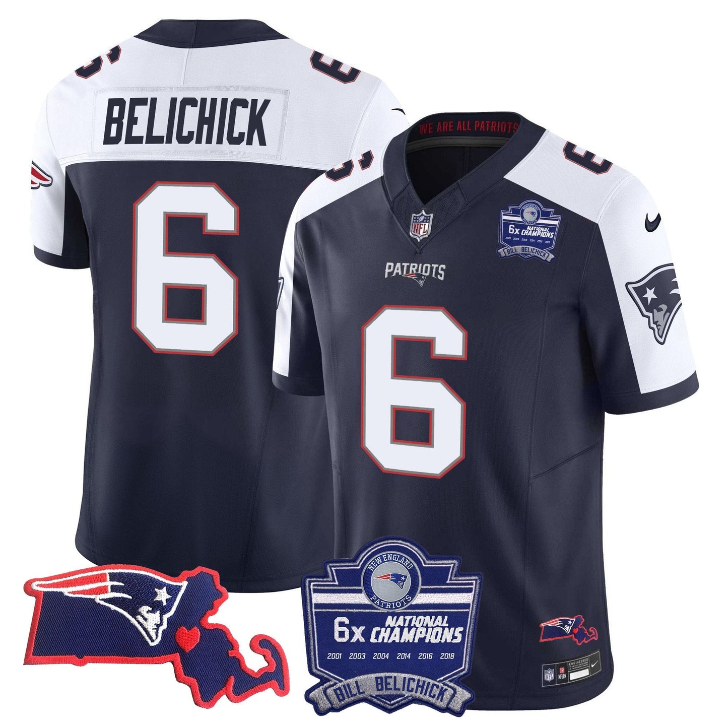 Patriots Bill Belichick 6x Champions Patch Vapor Jersey - All Stitched