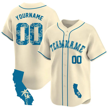 CUSTOM CREAM BLUE PALM TREES CALIFORNIA MAP BASEBALL JERSEY - EMBROIDERED