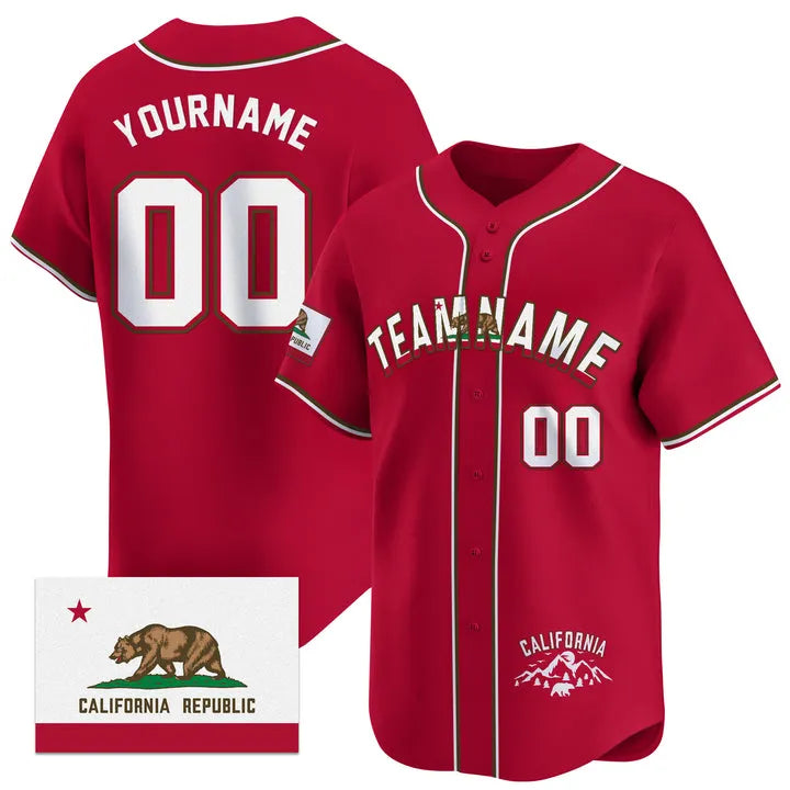 CUSTOM RED WHITE CALIFORNIA FLAG BASEBALL JERSEY - EMBROIDERED