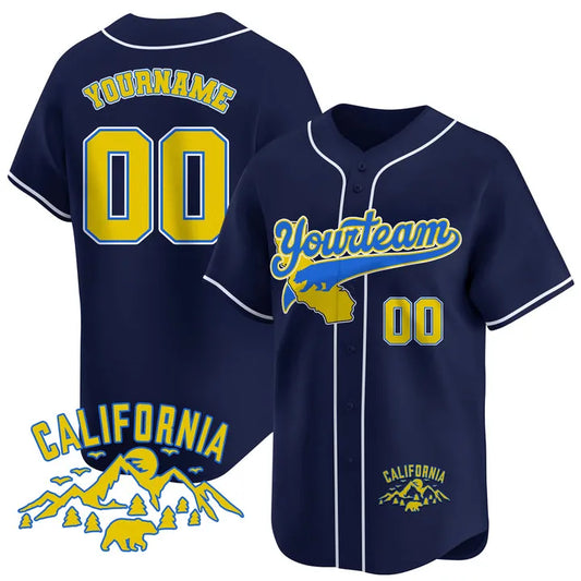 CUSTOM NAVY YELLOW CALIFORNIA MOUNTAIN BASEBALL JERSEY - EMBROIDERED