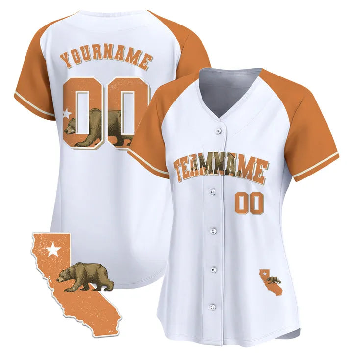 CUSTOM WHITE ALTERNATE ORANGE CALIFORNIA MAP BASEBALL JERSEY - EMBROIDERED