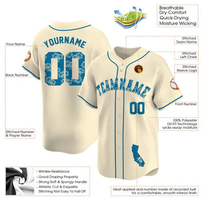 CUSTOM CREAM BLUE PALM TREES CALIFORNIA MAP BASEBALL JERSEY - EMBROIDERED