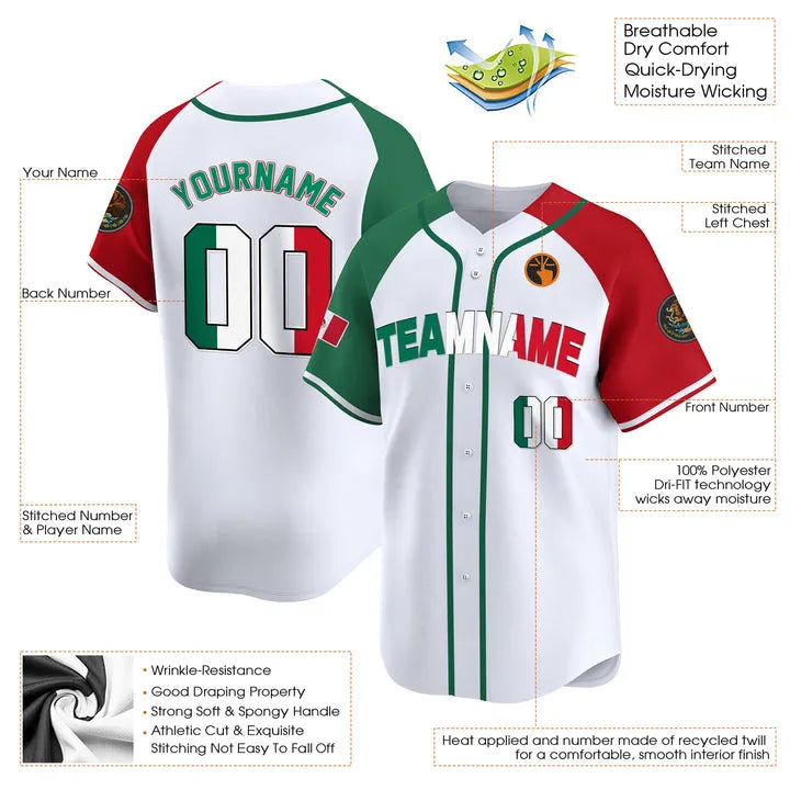 CUSTOM WHITE ALTERNATE RED-GREEN MEXICO BASEBALL JERSEY - EMBROIDERED