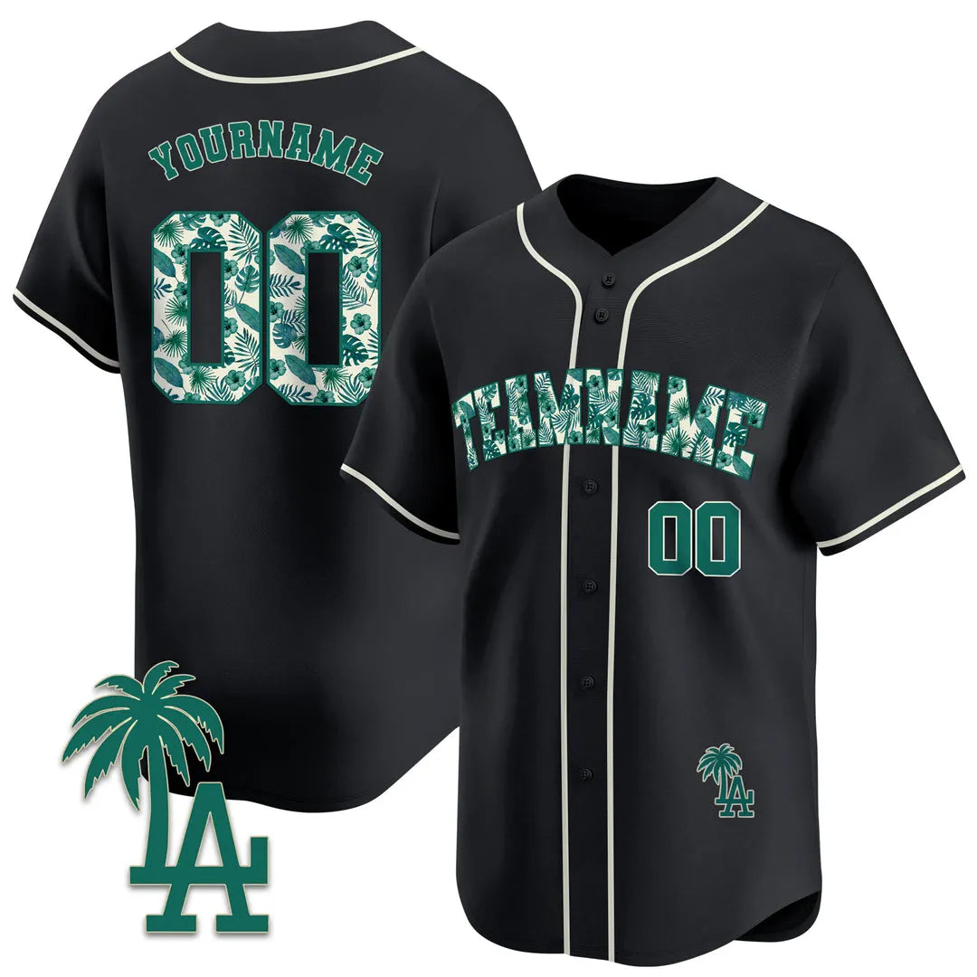 CUSTOM BLACK GREEN TROPICAL FLORAL PATTERN BASEBALL JERSEY - EMBROIDERED