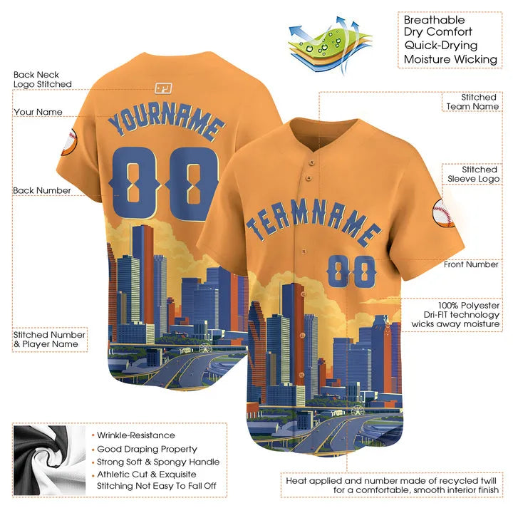 CUSTOM ORANGE 3D HOUSTON CITY TEXAS PATTERN BASEBALL JERSEY - PRINTED