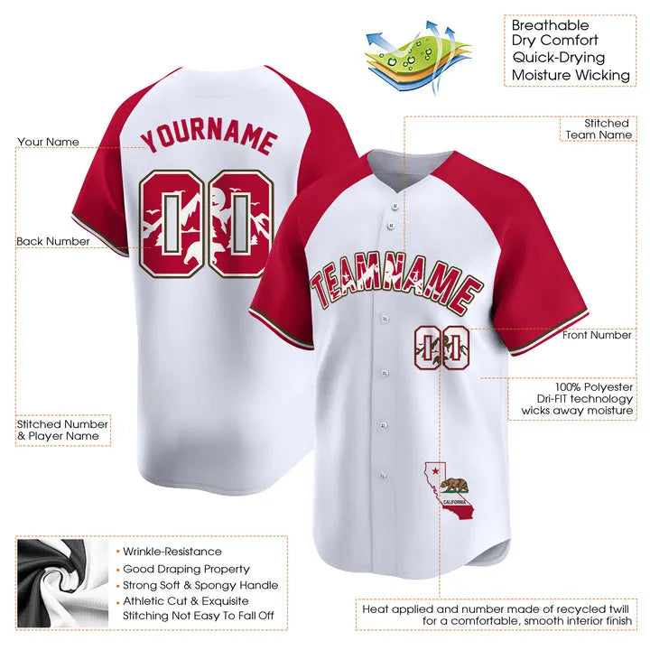 CUSTOM WHITE ALTERNATE RED CALIFORNIA MAP BASEBALL JERSEY - EMBROIDERED