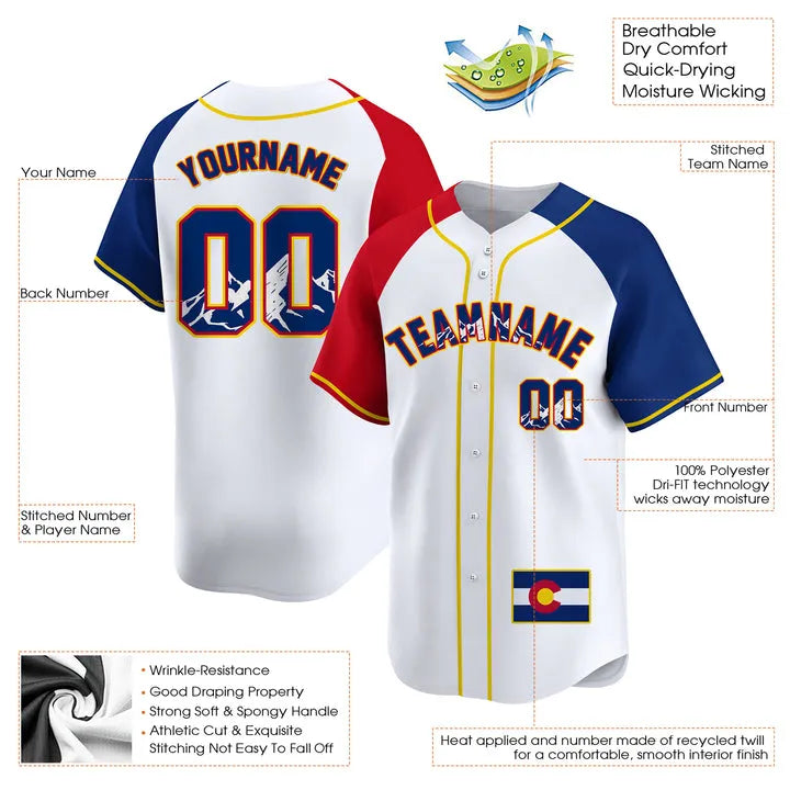 CUSTOM WHITE ALTERNATE COLORADO FLAG BASEBALL JERSEY - EMBROIDERED