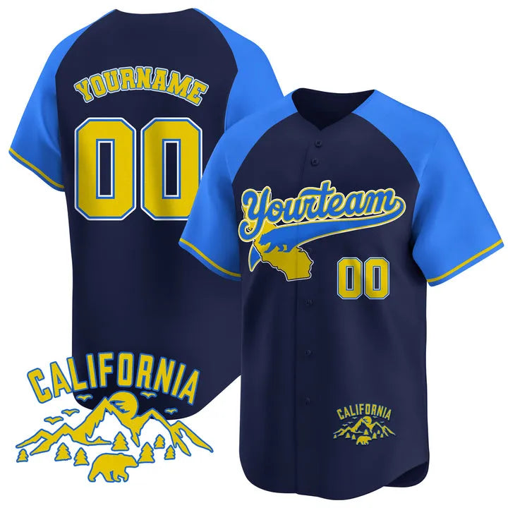 CUSTOM NAVY ALTERNATE BLUE YELLOW CALIFORNIA MOUNTAIN BASEBALL JERSEY - EMBROIDERED