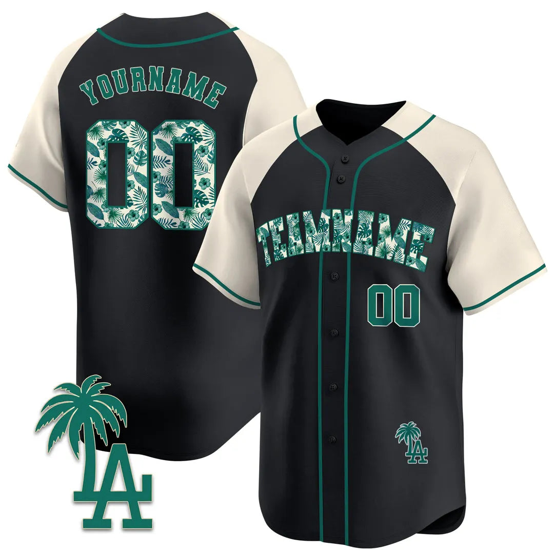 CUSTOM BLACK ALTERNATE GREEN TROPICAL FLORAL PATTERN BASEBALL JERSEY - EMBROIDERED