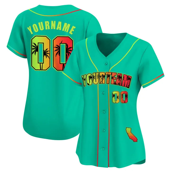 CUSTOM CYAN GREEN CALIFORNIA BEACH BASEBALL JERSEY - EMBROIDERED