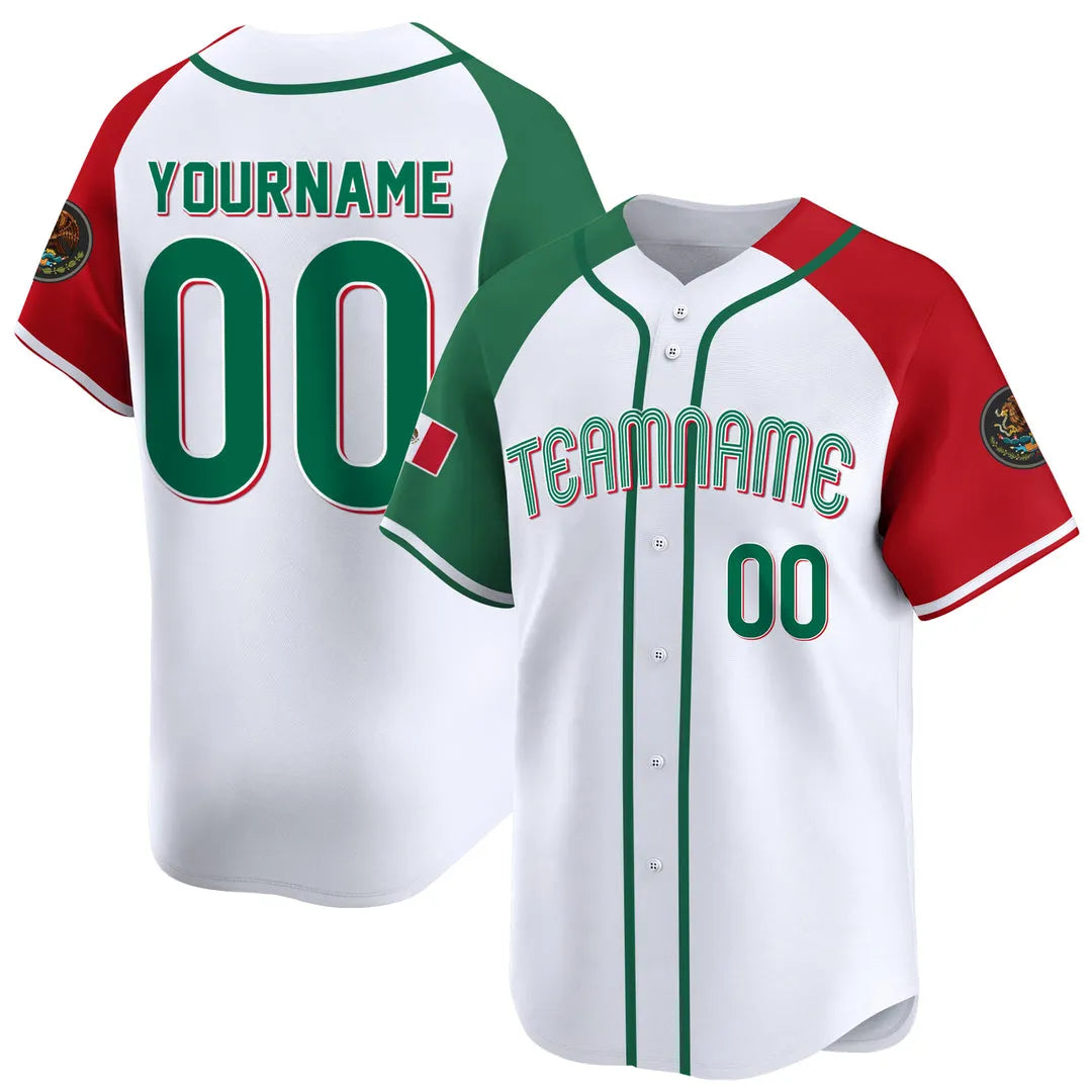 CUSTOM WHITE ALTERNATE RED GREEN MEXICO BASEBALL JERSEY - EMBROIDERED