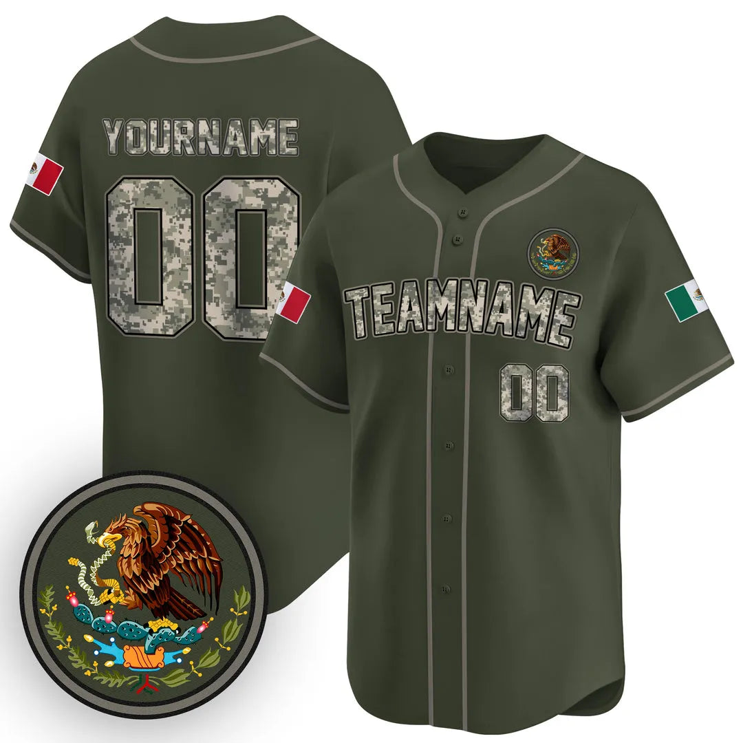 CUSTOM OLIVE GREEN CAMO - BLACK MEXICO BASEBALL JERSEY - EMBROIDERED