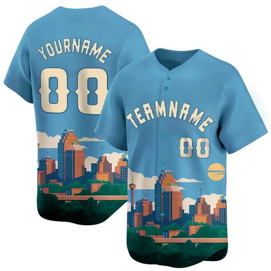 CUSTOM LIGHT BLUE WHITE 3D SAN ANTONIO CITY TEXAS PATTERN BASEBALL JERSEY - PRINTED