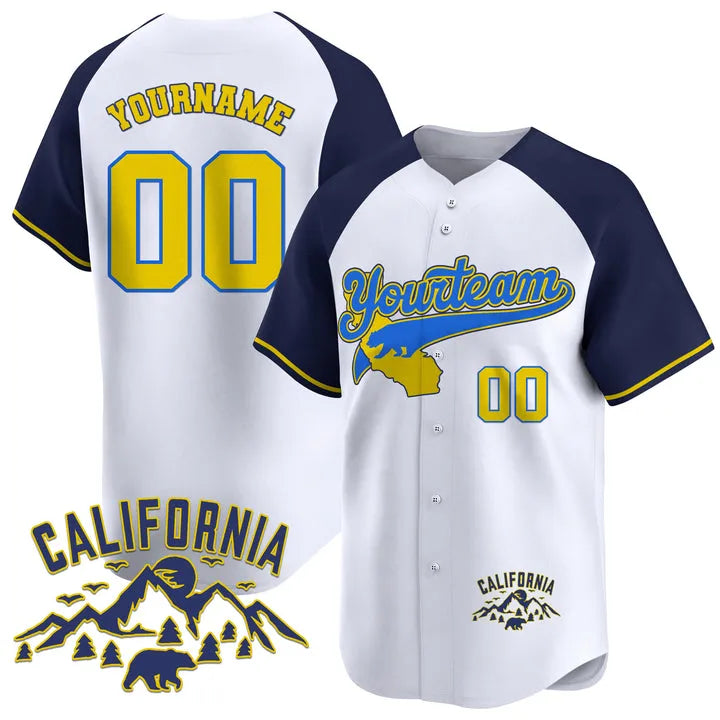 CUSTOM WHITE ALTERNATE BLUE YELLOW CALIFORNIA MOUNTAIN BASEBALL JERSEY - EMBROIDERED