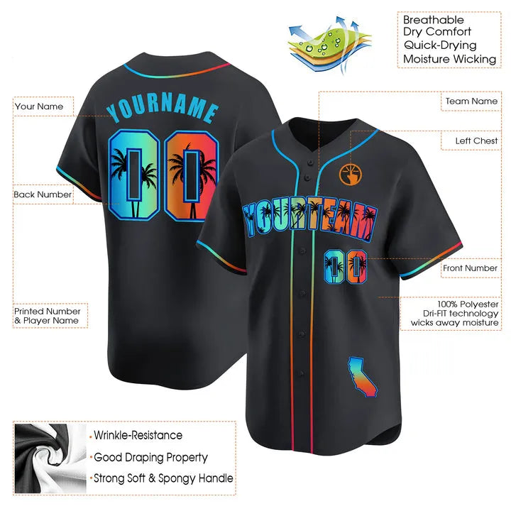 CUSTOM BLACK CALIFORNIA BEACH BASEBALL JERSEY - EMBROIDERED