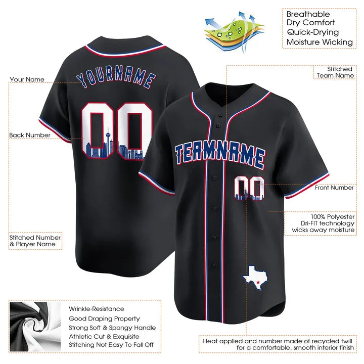 CUSTOM BLACK ROYAL SAN ANTONIO TEXAS PATTERN BASEBALL JERSEY - EMBROIDERED