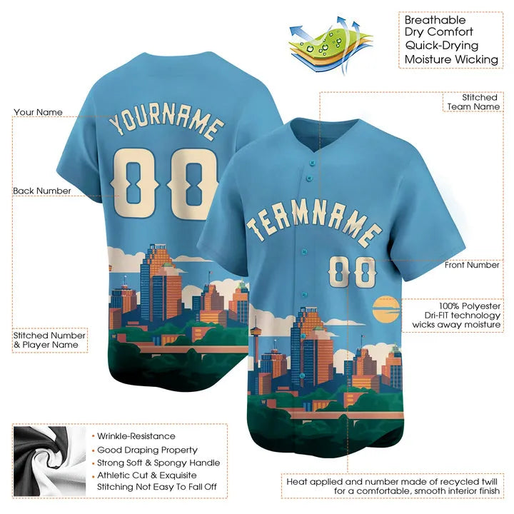 CUSTOM LIGHT BLUE WHITE 3D SAN ANTONIO CITY TEXAS PATTERN BASEBALL JERSEY - PRINTED