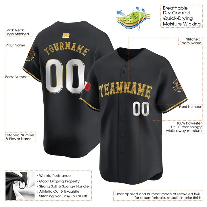 CUSTOM BLACK GOLD MEXICO BASEBALL JERSEY - EMBROIDERED