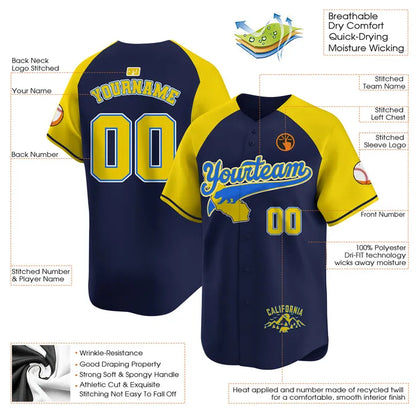 CUSTOM NAVY ALTERNATE YELLOW CALIFORNIA MOUNTAIN BASEBALL JERSEY - EMBROIDERED