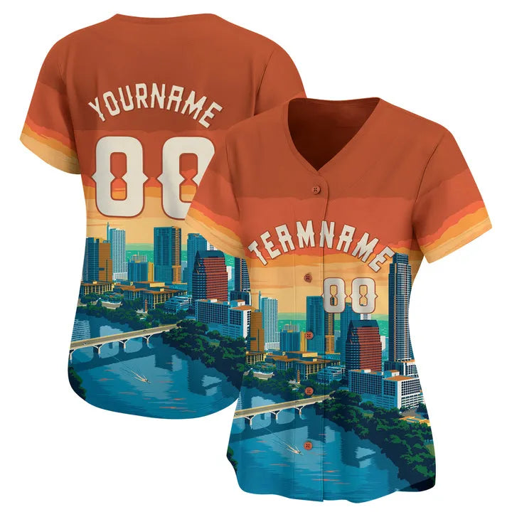 CUSTOM ORANGE 3D AUSTIN CITY TEXAS PATTERN BASEBALL JERSEY - PRINTED