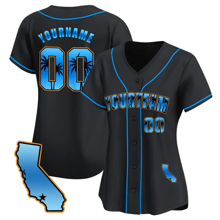 CUSTOM BLACK BLUE CALIFORNIA BEACH BASEBALL JERSEY - EMBROIDERED