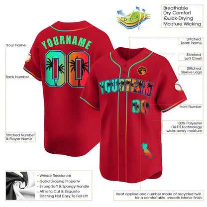 CUSTOM RED GREEN CALIFORNIA BEACH BASEBALL JERSEY - EMBROIDERED