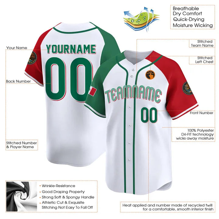 CUSTOM WHITE ALTERNATE RED GREEN MEXICO BASEBALL JERSEY - EMBROIDERED