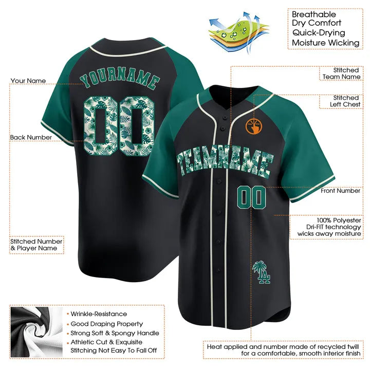 CUSTOM ALTERNATE GREEN TROPICAL FLORAL PATTERN BASEBALL JERSEY - EMBROIDERED