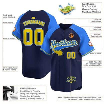 CUSTOM NAVY ALTERNATE BLUE YELLOW CALIFORNIA MOUNTAIN BASEBALL JERSEY - EMBROIDERED