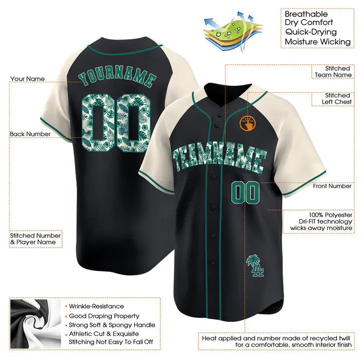 CUSTOM BLACK ALTERNATE GREEN TROPICAL FLORAL PATTERN BASEBALL JERSEY - EMBROIDERED