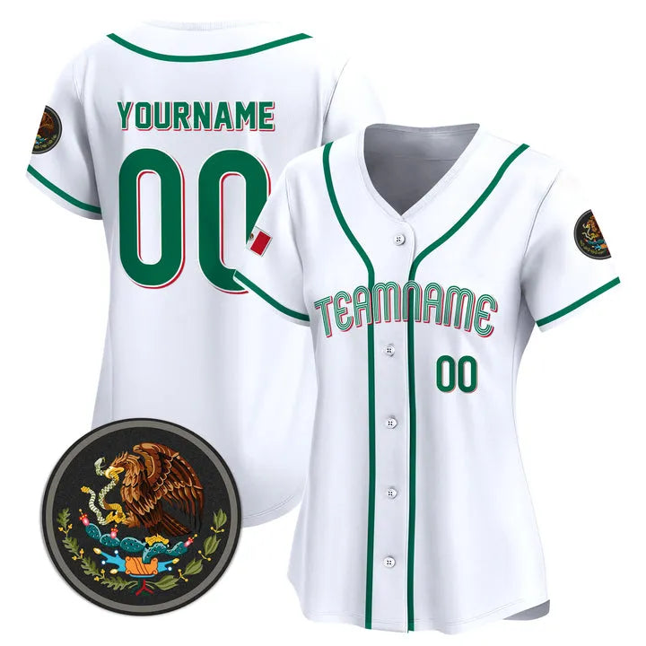 CUSTOM WHITE-GREEN MEXICO BASEBALL JERSEY - EMBROIDERED