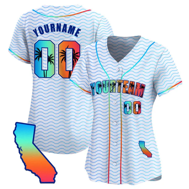 CUSTOM WHITE CALIFORNIA BEACH BASEBALL JERSEY - EMBROIDERED