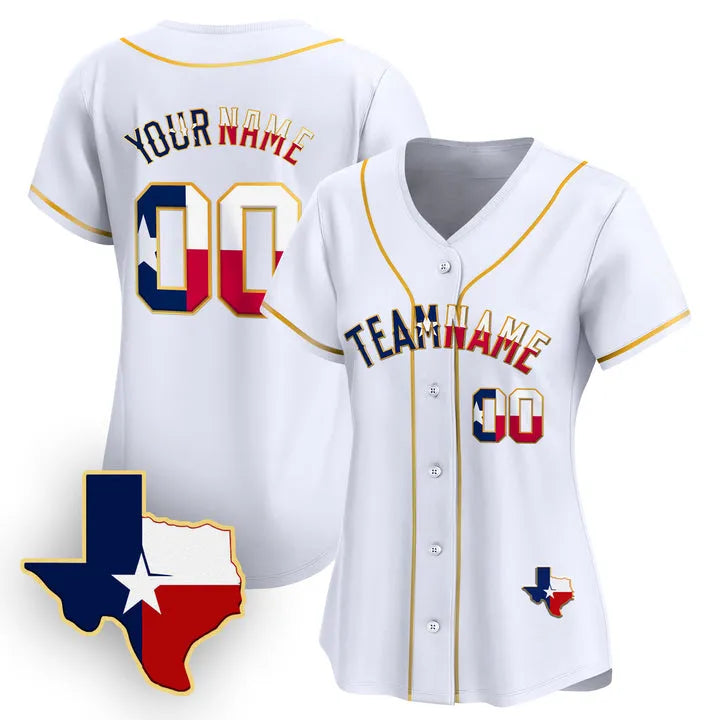 CUSTOM WHITE GOLD TEXAS FLAG BASEBALL JERSEY - EMBROIDERED