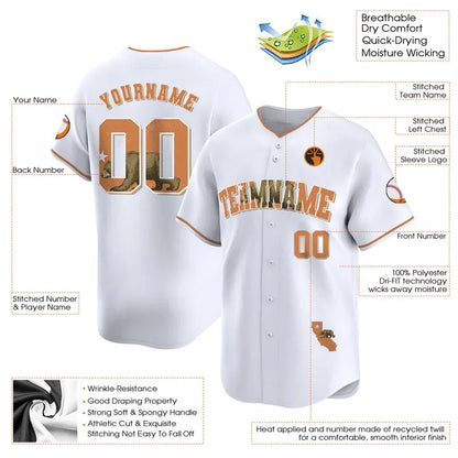 CUSTOM WHITE ORANGE CALIFORNIA MAP BASEBALL JERSEY - EMBROIDERED