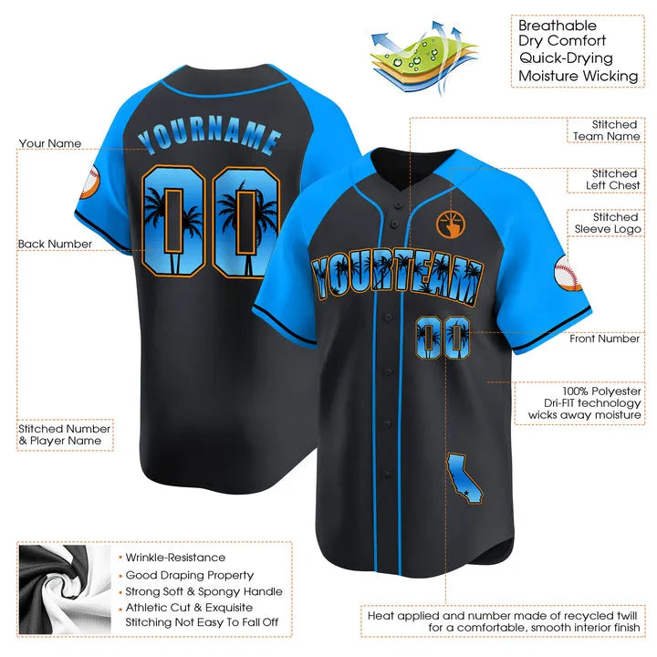 CUSTOM ALTERNATE BLUE CALIFORNIA BEACH BASEBALL JERSEY - EMBROIDERED