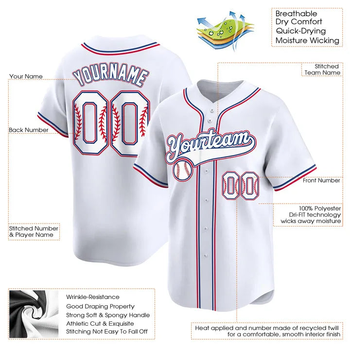 CUSTOM WHITE RED-WHITE BASEBALL JERSEY - EMBROIDERED