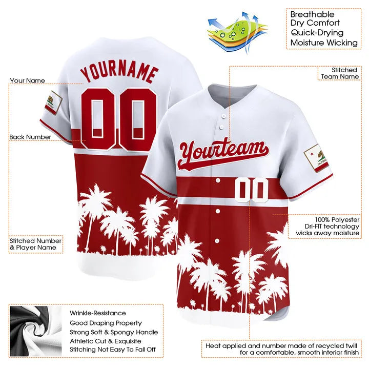 CUSTOM WHITE 3D PALM TREES CALIFORNIA FLAG BASEBALL JERSEY - PRINTED